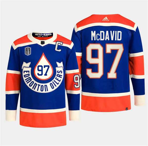 Mens Edmonton Oilers #97 Connor McDavid Royal 2024 Stanley Cup Final Patch Heritage Classic Primegreen Stitched Jersey Dzhi